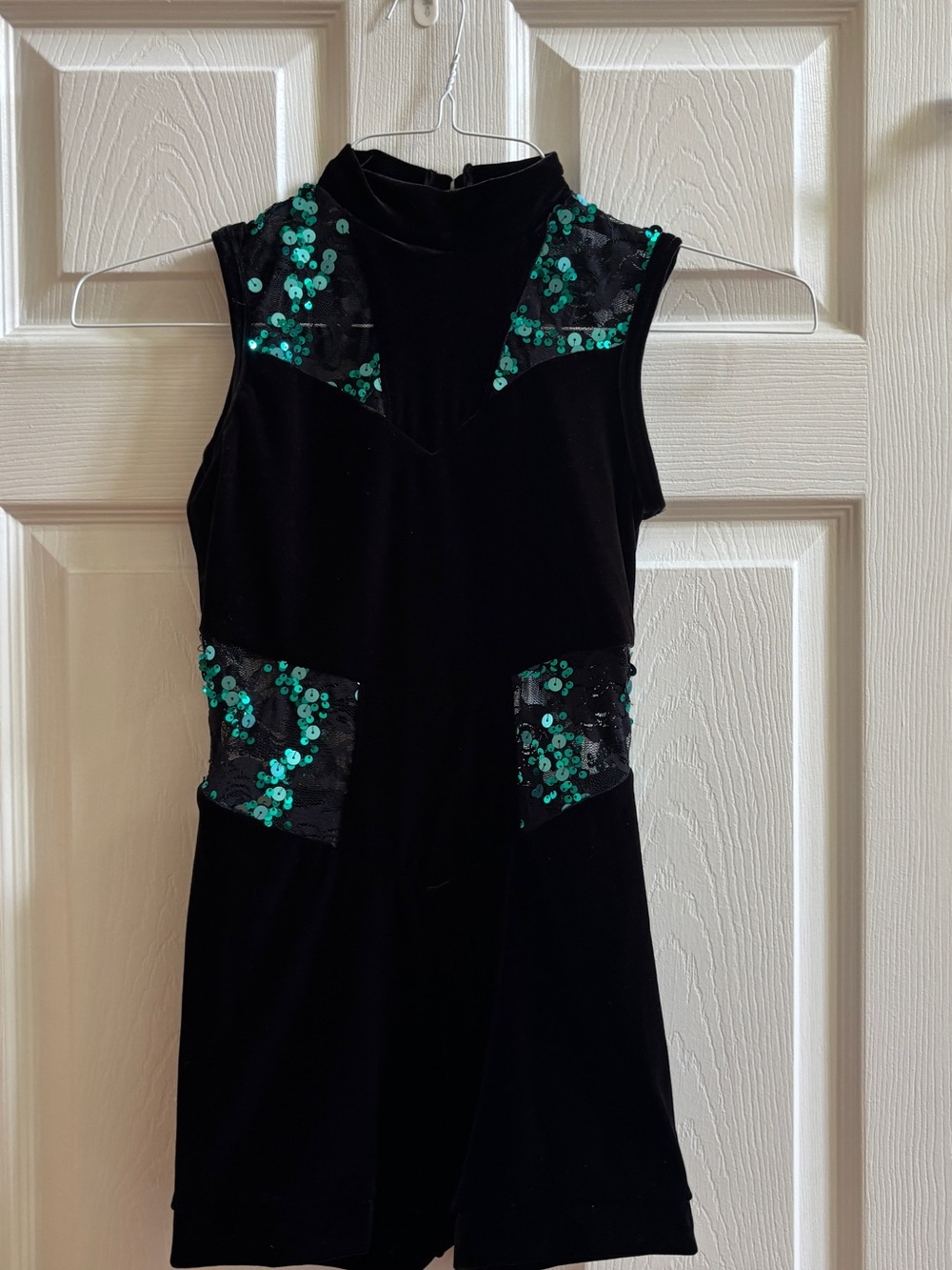 Black Velvet Sleeveless one peice with Emerald Sequin Accents